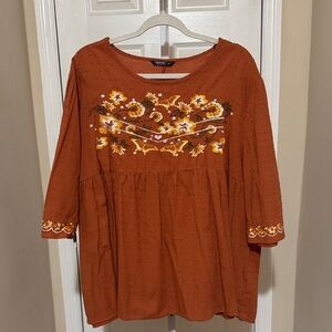 SHEIN Terracotta Floral Embroidered Blouse